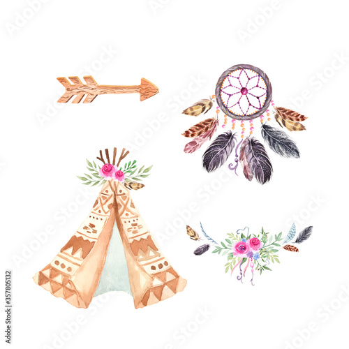 Tribal wigwam and dreamcatcher. Boho wedding decoration. Vector watercolor