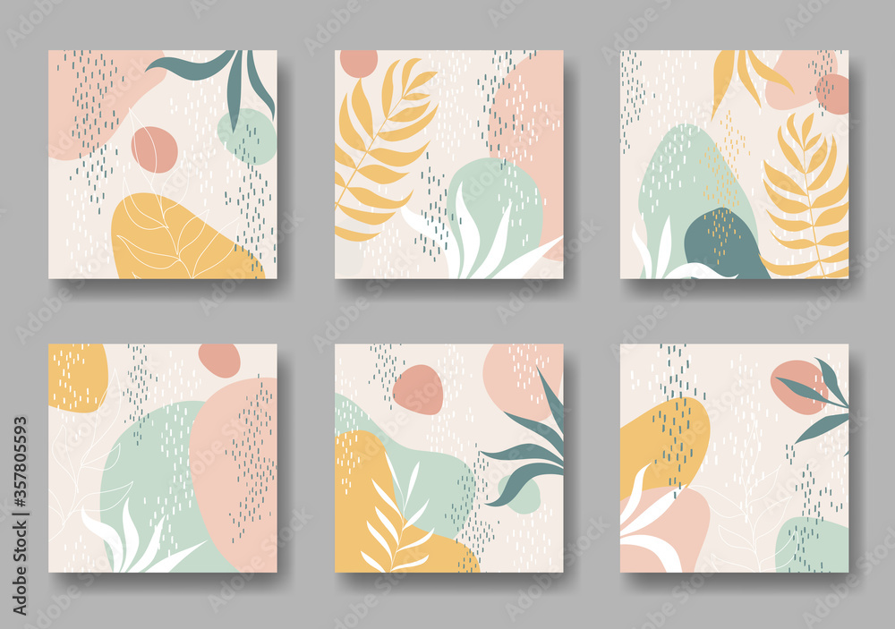Set of six vector square backgrounds with abstract forms and leaves ornament