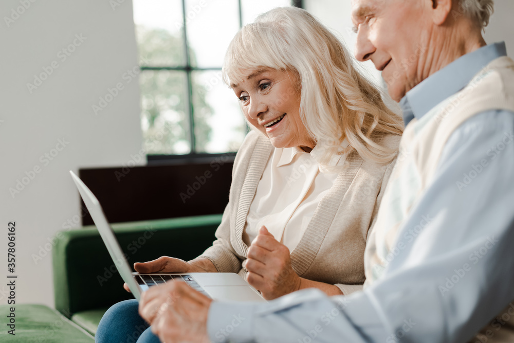 smiling senior couple having video call on laptop at home during self isolation smiling senior couple having video call on laptop at home during self isolation