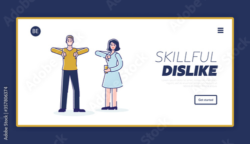 Bad customer evaluation and negative feedback landing page with cartoon people showing thumbs down