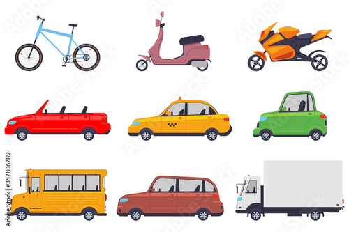 Car  truck  school bus  bike  moped and motorcycle vector cartoon set isolated on a white background.