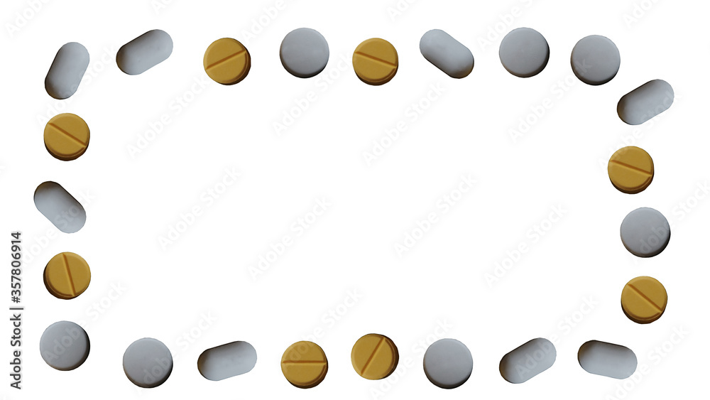 The medicines or drug pills square frame which are Yellow and White pills isolated on white background, Medical and Healthcare concept. The medicines or drug pills square frame which are Yellow and White pills isolated on white background, Medical and Healthcare concept.