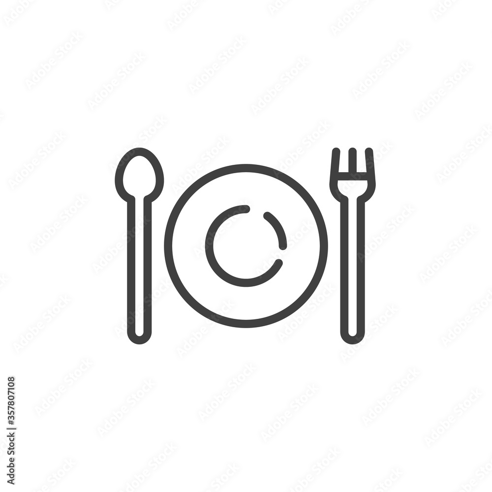 Plate, fork and spoon line icon. linear style sign for mobile concept and web design. Plate with cutlery outline vector icon. Restaurant symbol, logo illustration. Vector graphics Plate, fork and spoon line icon. linear style sign for mobile concept and web design. Plate with cutlery outline vector icon. Restaurant symbol, logo illustration. Vector graphics