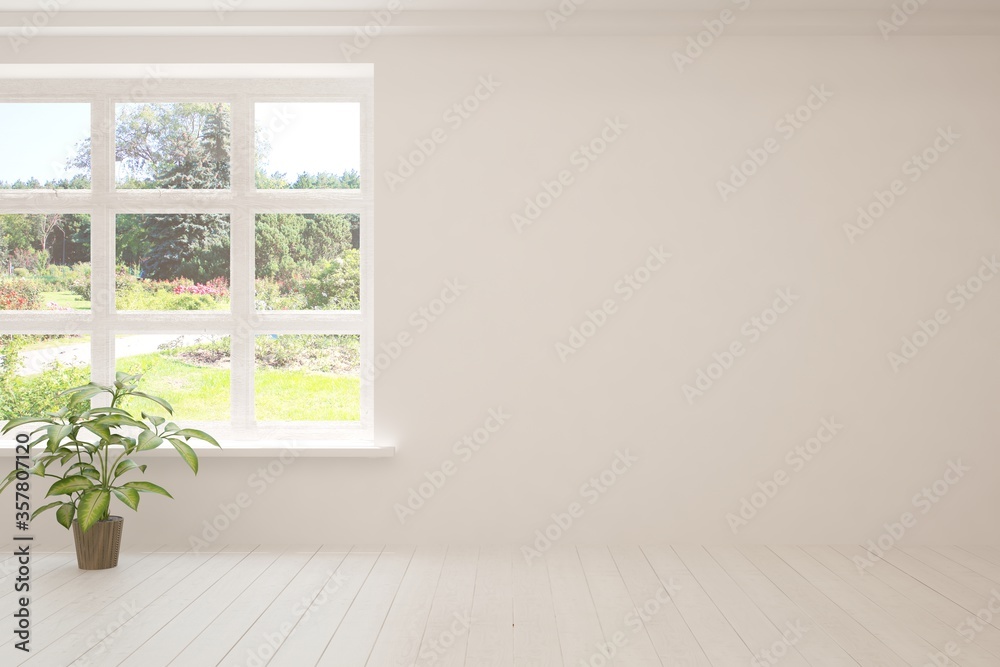 Fototapeta premium White empty room with summer landscape in window. Scandinavian interior design. 3D illustration