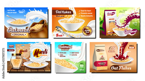 Oatmeal Breakfast Promotional Posters Set Vector. Collection Of Different Creative Advertising Marketing Banners With Oatmeal Cereal Porridge, Milk And Kitchenware. Color Concept Layout Illustrations