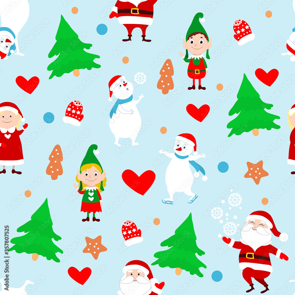 New Year and Christmas seamless pattern. Santa Claus, Mrs. Santa, elves, snowmen, Christmas trees, mittens and gingerbread cookies in cartoon style. Vector endless illustration on a blue background.