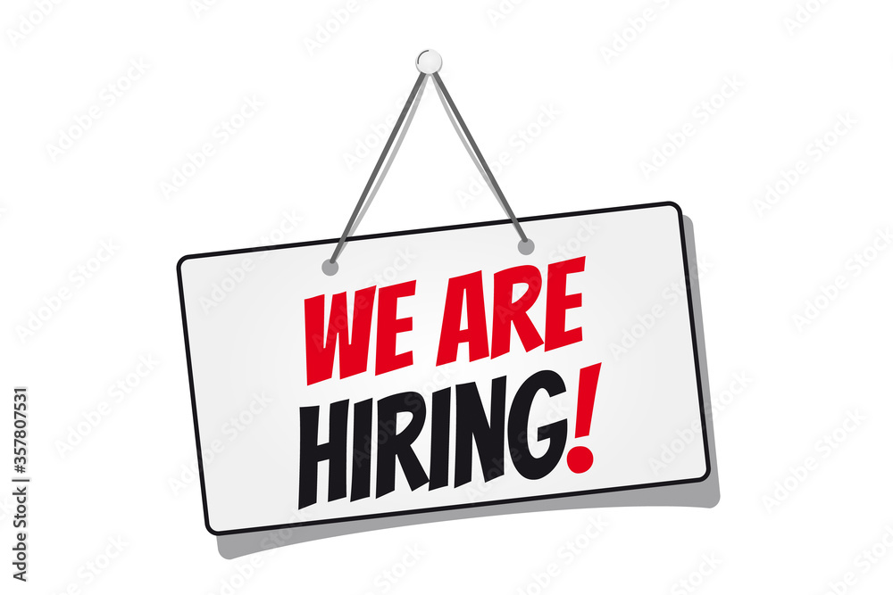 Hanging Sign We Are Hiring! - Black, White And Red Vector Illustration - Isolated On White Background Hanging Sign We Are Hiring! - Black, White And Red Vector Illustration - Isolated On White Background