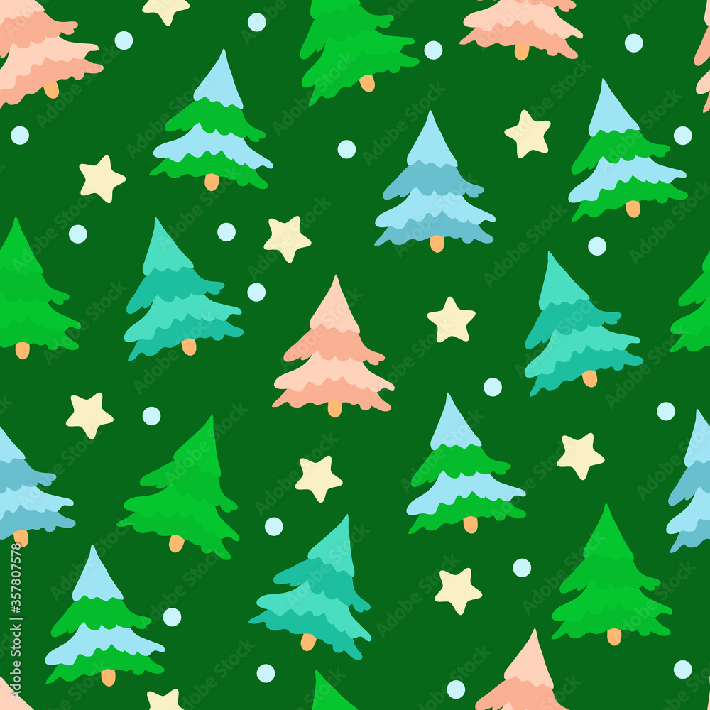 Green, blue, coral spruces and stars on a dark green background. Seamless pattern for backgrounds, packaging, textiles and web design. Vector in cartoon style.