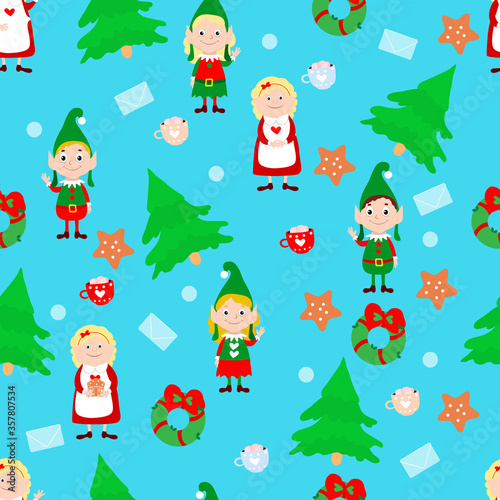 Mrs. Santa  elves  Christmas trees  gingerbread cookies and letters on a blue background. Vector seamless pattern in cartoon style. Symbols of Christmas and New Year.