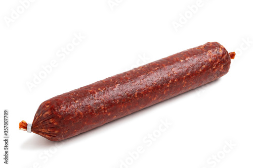 Stick of raw smoked sausage isolated on a white background with clipping paths with shadow and without shadow