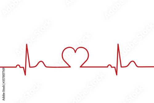 Normal electrocardiogram, EKG, ECG with heart in the middle. Heartbeat line. Pulse rate. Heart rhythm. Healthcare concept. Red on white background. Medical bkg. Vector illustration, flat, clip art.