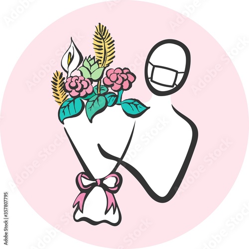 COVID-19 A logo that gives a bouquet to family, friends and lovers who cannot meet due to the coronavirus. An icon for deepening bonds with gifts. Hand drawn lines. vector.