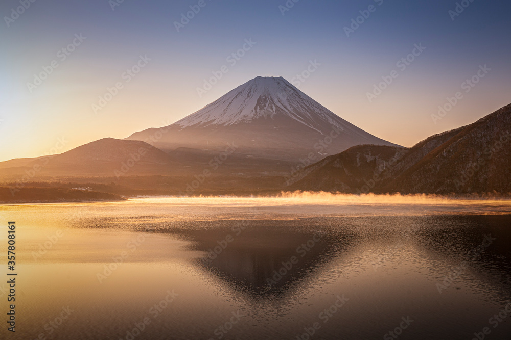Lake Motosu and Mount Fuji at early morning in winter season. Lake Motosu is the westernmost of the Fuji Five Lakes and located in southern Yamanashi Prefecture near Mount Fuji Japan