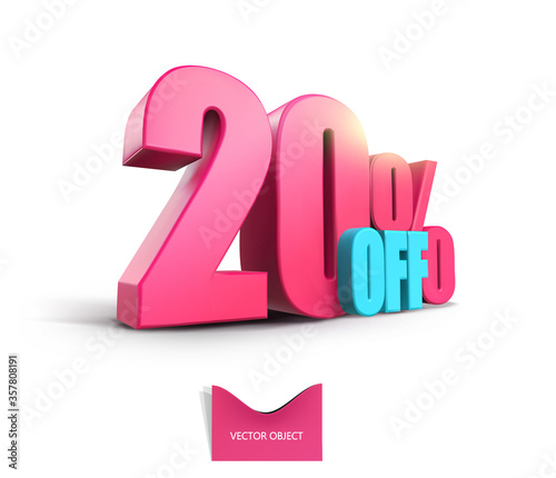 Bright pink, voluminous 3D inscription: 20% OFF, vector on white background. Element for design discounts, design, sales, web.