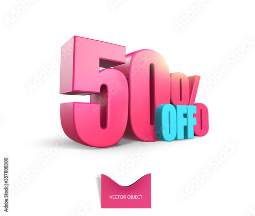 Bright pink, voluminous 3D inscription: 50% OFF, vector on white background. Element for design discounts, design, sales, web.