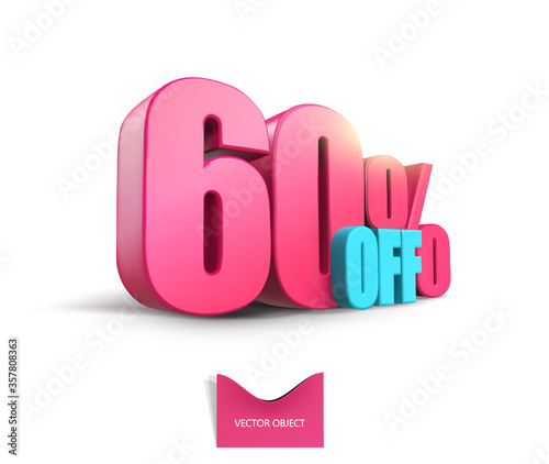 Bright pink, voluminous 3D inscription: 60% OFF, vector on white background. Element for design discounts, design, sales, web.