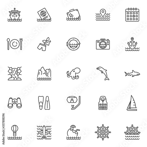 Cruise travel line icons set. Marine linear style symbols collection, outline signs pack. vector graphics. Set includes icons as cruise ship, ocean waves, porthole, sailboat, dolphin, pina colada
