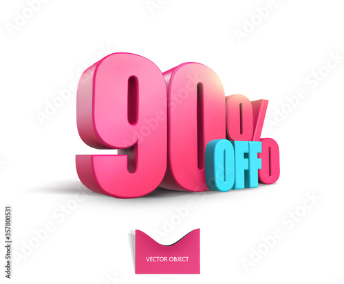 Bright pink, voluminous 3D inscription: 90% OFF, vector on white background. Element for design discounts, design, sales, web.