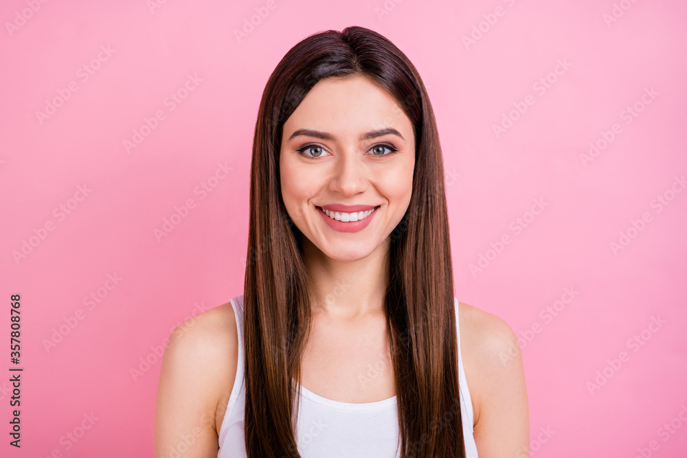 Close-up portrait of her she nice attractive lovely lovable winsome pretty charming cheerful cheery straight-haired girl isolated over pink pastel color background Close-up portrait of her she nice attractive lovely lovable winsome pretty charming cheerful cheery straight-haired girl isolated over pink pastel color background