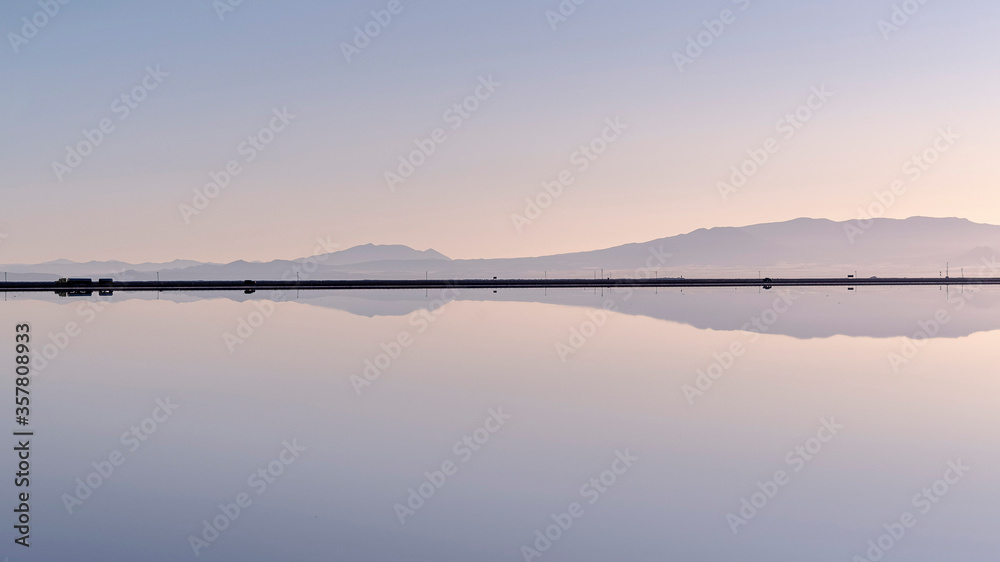 Panorama Perfect reflection of clear sky in salt lake Panorama Perfect reflection of clear sky in salt lake