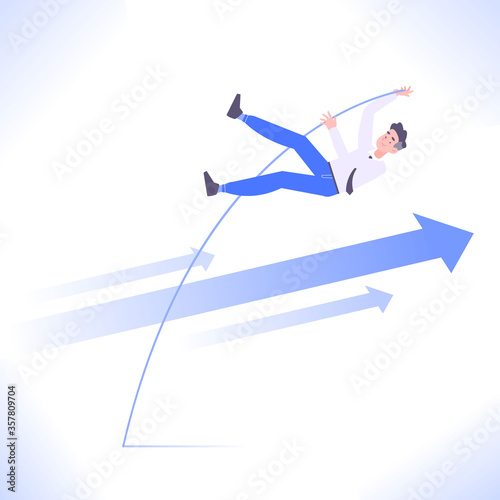 Business achievement or goal concept. Businessman jumps over rising arrows, vector illustration