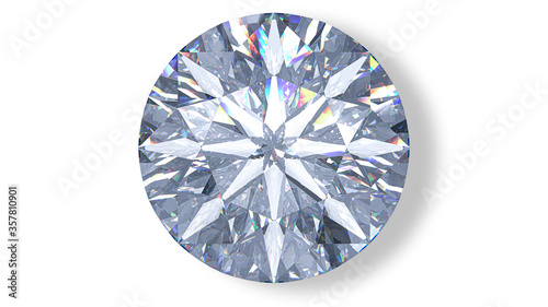 Realistic cut diamond in top view with caustic. 3D rendering illustration of round brilliant isolated on white background.