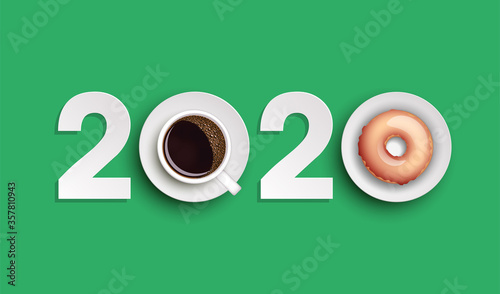 Happy New Year 2020 breakfast coffee & donuts background. Greeting card 2020 cup of coffee & donuts icing flyer. Coffee & donuts of date 2020 year view from above banner. Celebrate breakfast brochure