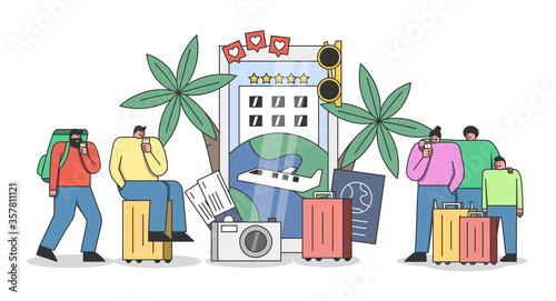 Travel application concept. Group of tourists making booking and reservation for vacation online