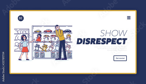 Spoiled kid and disrespect to parents. Landing page with naughty daughter make scene in retail store