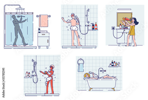 Set of people singing in bathroom. Happy cartoon characters taking shower or bath and sing relaxed
