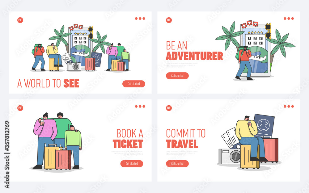 Travel website landing pages set with travelers using booking apps on smartphones