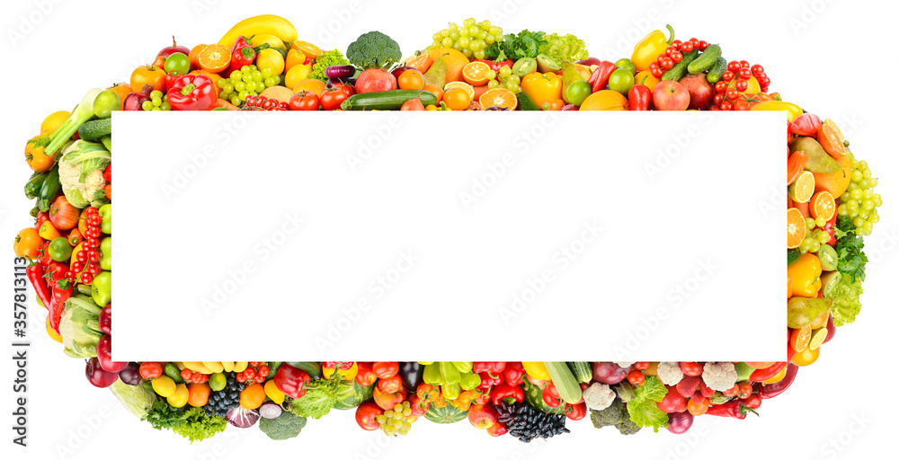 Paronama frame of fruits, vegetables, berries isolated on white Paronama frame of fruits, vegetables, berries isolated on white