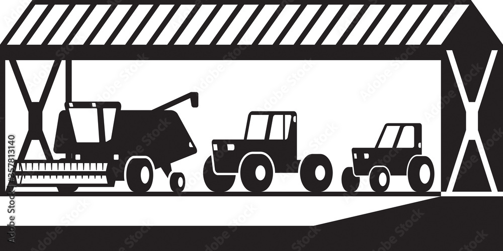 Farm building with agricultural machinery - vector illustration Farm building with agricultural machinery - vector illustration