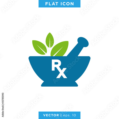 Mortar and Pestle with RX Symbol Icon Logo Design Template.