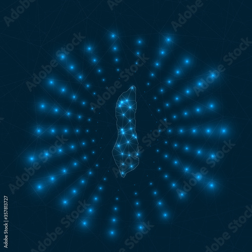Grand Turk Island digital map. Glowing rays radiating from the island. Network connections and telecommunication design. Vector illustration. © Eugene Ga