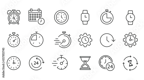 Time and clock icon set, timer, speed, alarm, restore, management, calendar, watch thin line symbols for web and mobile phone on white background - editable stroke vector illustration eps10
