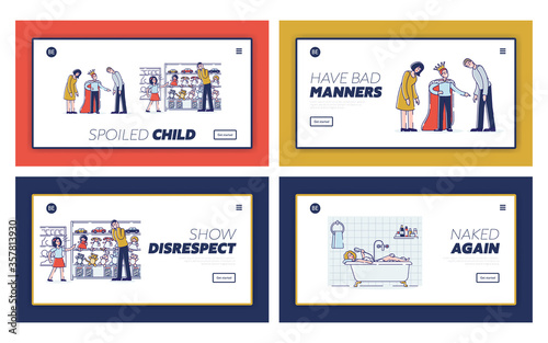 Spoiled kids, bad manners and disrespect to parents set of landing page templates