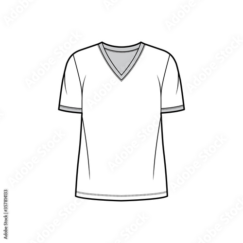 T-shirt technical fashion illustration with V neck, fitted oversized body short sleeves, flat.