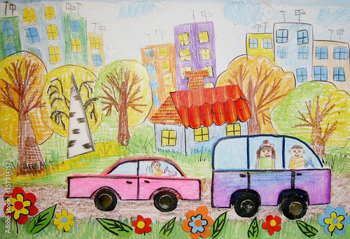 Children's drawing of the bus and car