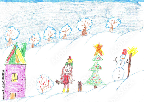 Children celebrate Christmas outdoors. Child drawing