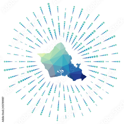 Shape of Oahu, polygonal sunburst. Map of the island with colorful star rays. Oahu illustration in digital, technology, internet, network style. Vector illustration.