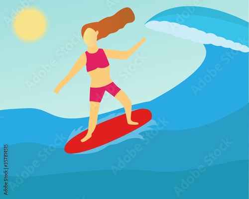 Illustration vector design of woman surfing on the beach. Holiday and summertime
