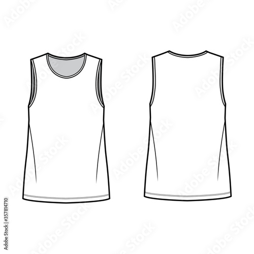 T-shirt technical fashion illustration with crew neck, fitted oversized body sleeveless, flat.