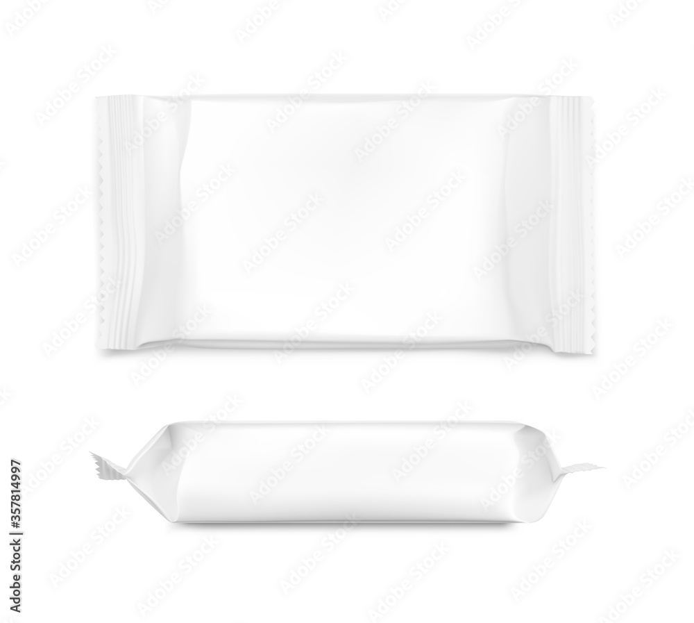 Realistic flow pack mockup. Front and side view. Vector illustration isolated on white background. Easy to use for presentation your product, idea, design. EPS10. Realistic flow pack mockup. Front and side view. Vector illustration isolated on white background. Easy to use for presentation your product, idea, design. EPS10.