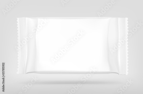Realistic flow pack mockup. Front view. Vector illustration on grey background. Easy to use for presentation your product, idea, design. EPS10.	