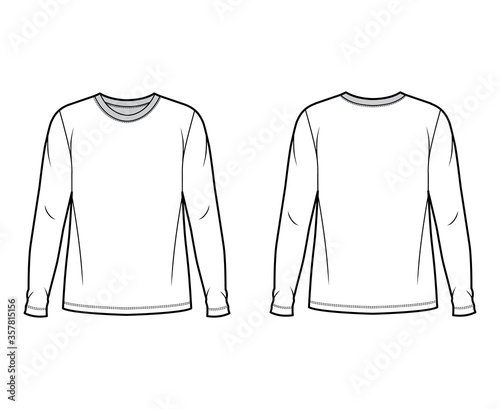 Cotton jersey top technical fashion illustration with crew neck, tunic length oversized body long sleeves flat.