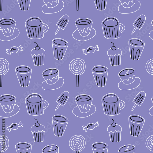 Dessert candy tea cup coffee flat hand drawn seamless pattern. Ideal for background, wallpaper, textile, backdrop, wrapping paper. Pattern design. hipster modern style.