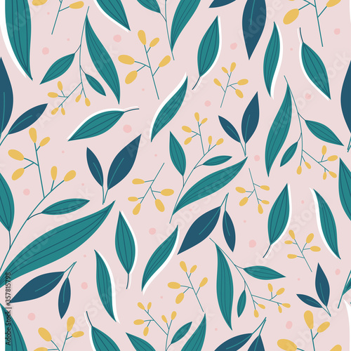 Modern botanical seamless pattern with leaves and flowers. Floral background