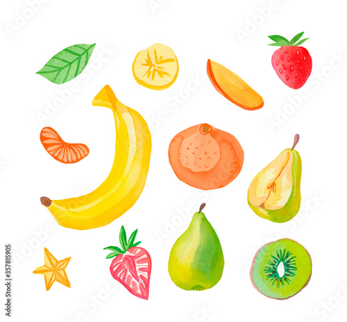 Watercolor set of juicy fruits.Carambola,kiwi,tangerine,pear,melon,orange,raspberry,banana,strawberries,mango.Clip art food illustration on a white isolated background.Design for menus,advertising.