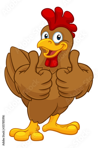 A chicken cartoon rooster cockerel character mascot giving a thumbs up.